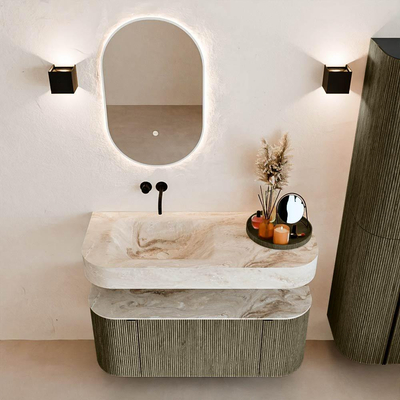 MONDIAZ THOR-DLUX 110cm meuble de salle de bains arrondi gauche + droite couleur Shadow avec 1 tiroir et 2 portes. Vasque suspendue CLOUD Gauche sans trou de robinet couleur Frappe.