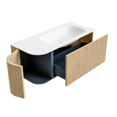 MONDIAZ KURVE 105cm Meuble salle de bain avec module 25 G - couleur Oak - 1 tiroir - 1 porte - vasque BIG SMALL droite - sans trous de robinet - Talc