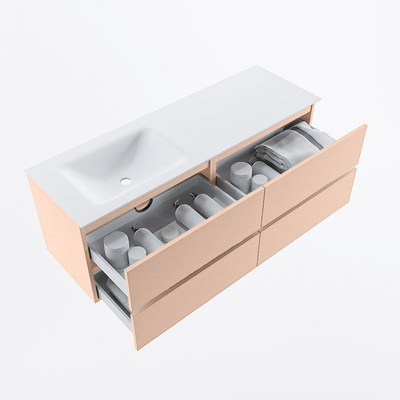 MONDIAZ VICA Ensemble meuble de salle de bains - 140cm - meuble bas rosee - 4 tiroirs - lavabo cloud gauche - sans trous de robinet - version haute 60cm - talc