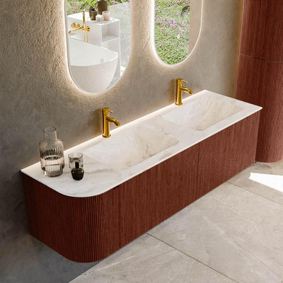 Mondiaz KURVE-DLUX Badkamermeubelset - 155x46x40cm - 2 lade - 1 deur - wastafel solid surface - dubbel / rechts - 2 kraangaten - Ruby