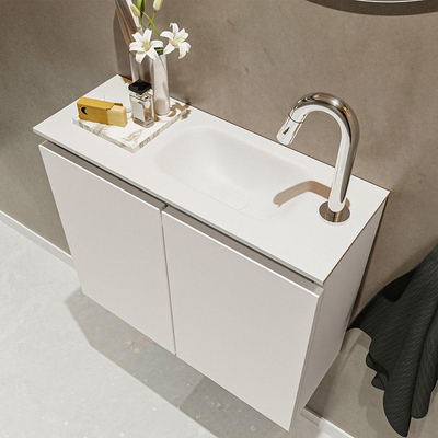 MONDIAZ TURE Fonteinset - 60x23x50cm - 1 kraangat - 2 deuren - linen mat - Wasbak rechts - Solid Surface Wit