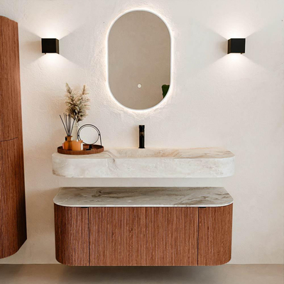 MONDIAZ THOR-DLUX 120cm meuble de salle de bains arrondi gauche + droite couleur Ruby avec 1 tiroir et 2 portes. Vasque suspendue CLOUD Milieu 1 trou de robinet couleur Frappe.