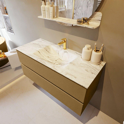 Mondiaz VICA-DLUX ensemble de meuble de salle de bain - 110cm - meuble sous-vasque oro - 2 tiroirs - lavabo encastré cloud milieu - 1 trou de robinet - version haute de 60cm - glace