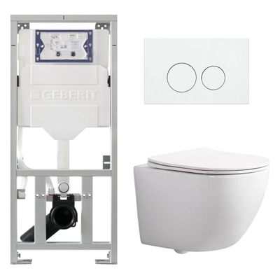 QeramiQ Dely Swirl Compact Toiletset - inbouwreservoir Geberit UP320 - met Burda frame - slim zitting - metalen bedieningsplaat mat wit - ronde knoppen - glans wit