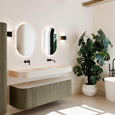 MONDIAZ THOR-DLUX 150cm meuble de salle de bains arrondi gauche + droite couleur Shadow avec 1 tiroir et 2 portes. Vasque suspendue CLOUD Double sans trou de robinet couleur Meli.