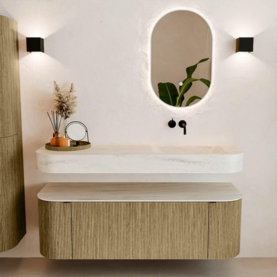 MONDIAZ THOR-DLUX 140cm meuble de salle de bains arrondi gauche + droite couleur Dusk avec 1 tiroir et 2 portes. Vasque suspendue CLOUD droite sans trou de robinet couleur Meli.