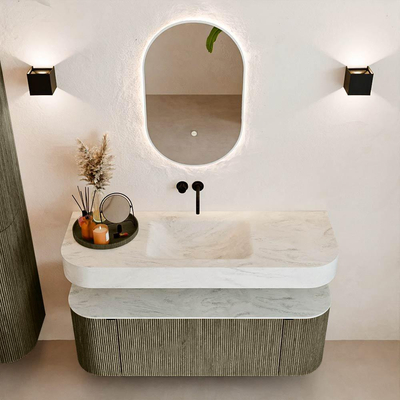 MONDIAZ THOR-DLUX Meuble de salle de bains 130cm arrondi gauche + droite couleur Shadow avec 1 tiroir et 2 portes. Vasque suspendue CLOUD Milieu sans trou de robinet couleur Opalo.