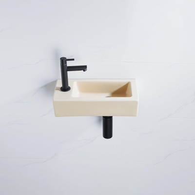 QeramiQ Fuente fonteinset – 37.5x18.5x9 cm – keramiek beige – kraangat links – mat zwarte kraan