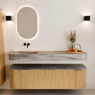 MONDIAZ THOR-DLUX 160cm badmeubel ronding links + rechts kleur Oak met 1 lade en 2 deuren. Vrijhangende wastafel CLOUD Links zonder kraangat kleur Oza.