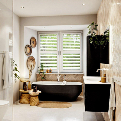 MONDIAZ VICA meuble sous lavabo 120cm Urban 2 tiroirs. Lavabo MOON centre 1 trou de robinet, couleur Talc.