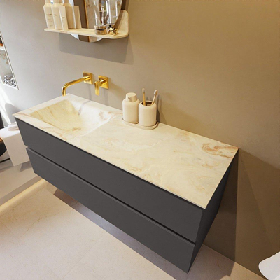 Mondiaz VICA-DLUX Ensemble de meuble de salle de bain - 130cm - meuble sous-vasque gris foncé - 2 tiroirs - lavabo encastré cloud gauche - sans trous de robinet - version haute de 60cm - frape