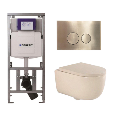 QeramiQ Dely Swirl Toiletset - 36.3x51.7cm - Geberit UP320 inbouwreservoir - met Burda frame - 35mm zitting - geborsteld messing bedieningsplaat - ronde knoppen - beige