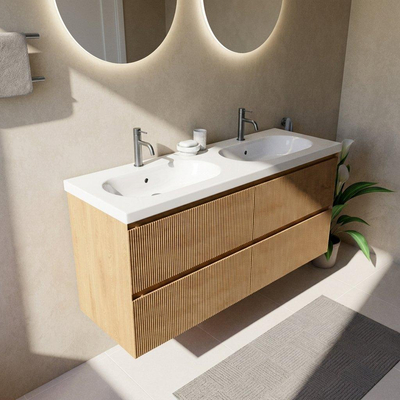 Saniclass Holz Atelier Badkamermeubelset - 140x45x63.5cm - Palermo keramische wastafel wit - 2 wasbakken - 2 kraangaten - 4 lades - mat eiken natural (hout)