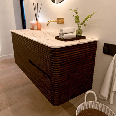 Mondiaz CIRO-DLUX Ensemble de meubles de salle de bains - 120x45x50cm - Vasque en solid surface Nata - 1 bassin au centre - sans trous de robinet - 2 tiroirs - Noyer