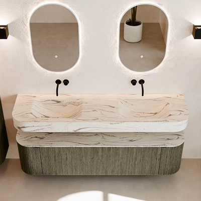 MONDIAZ THOR-DLUX Meuble de salle de bains 170cm arrondi gauche + droite couleur Shadow avec 1 tiroir et 2 portes. Vasque suspendue CLOUD Double sans trou de robinet couleur Nata.