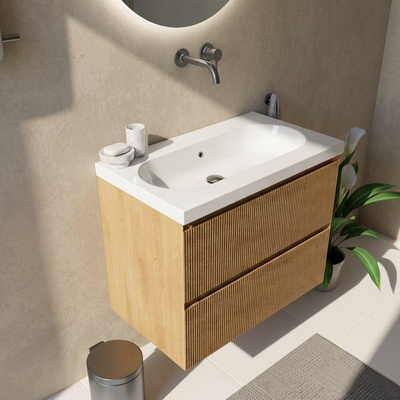 Saniclass Holz Atelier Ensemble de meubles de salle de bains - 80x45x63.5cm - lavabo Palermo en céramique blanc - 1 vasque - sans trou de robinet - 2 tiroirs - chêne natural mat (bois)