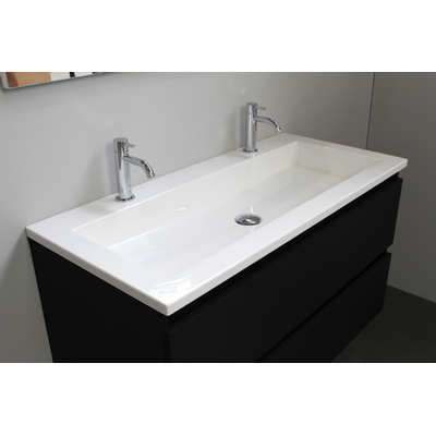 Basic Bella Meuble salle de bains avec lavabo acrylique Blanc avec armoire toilette 2 portes gris 100x55x46cm 2 trous de robinet Noir mat