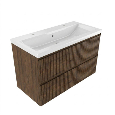 Saniclass Holz Atelier Ensemble meuble de salle de bains - 100x45x63.5cm - Lavabo en céramique Bari blanc - 1 vasque - 2 trous de robinetterie - 2 tiroirs - chêne charcoal mat (bois)