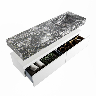 Mondiaz ALAN-DLUX Ensemble de meuble - 150cm - meuble - Talc mat - 2 tiroirs - Lavabo Cloud Lava suspendu - vasque droite - 1 trou de robinet - Noir