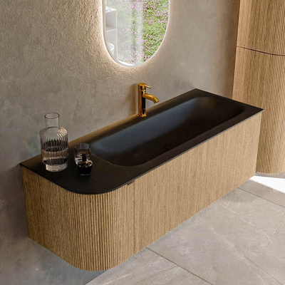 MONDIAZ KURVE 125cm badmeubel met module 25 L kleur Oak met 1 lade en 1 deur. Wastafel BIG MEDIUM rechts 1 kraangat Urban.