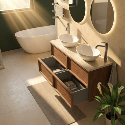 Saniclass Holz Frame Ensemble meuble de salle de bains - 140x45x63cm - Plan de travail en pierre naturelle travertin - 2 trous de robinet - 4 tiroirs - brillant walnut pure (bois)