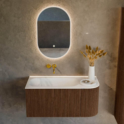 MONDIAZ KURVE 95cm Meuble salle de bain avec module 25 D - couleur Walnut - 1 tiroir - 1 porte - vasque BIG SMALL gauche - sans trous de robinet - Talc