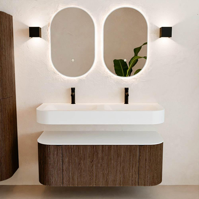 MONDIAZ THOR 120cm meuble de salle de bains arrondi gauche + droite couleur Walnut avec 1 tiroir et 2 portes. Vasque suspendue CLOUD Double 2 trous de robinet couleur Talc.