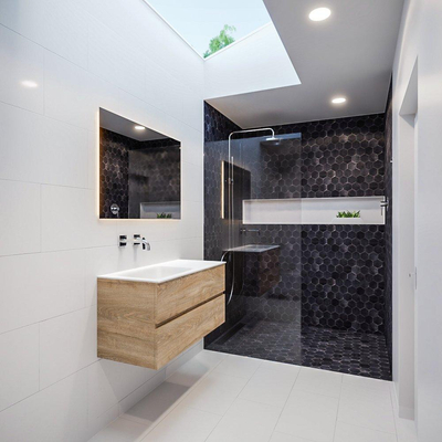 MONDIAZ VICA Ensemble de meuble salle de bain - 100cm - 2 tiroirs - lavabo Cloud gauche - 0 trous de robinet - solid surface chêne blanchi