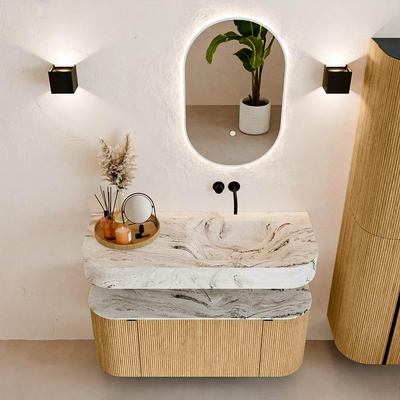 MONDIAZ THOR-DLUX 110cm badmeubel ronding links + rechts kleur Oak met 1 lade en 2 deuren. Vrijhangende wastafel CLOUD Rechts zonder kraangat kleur Glace.