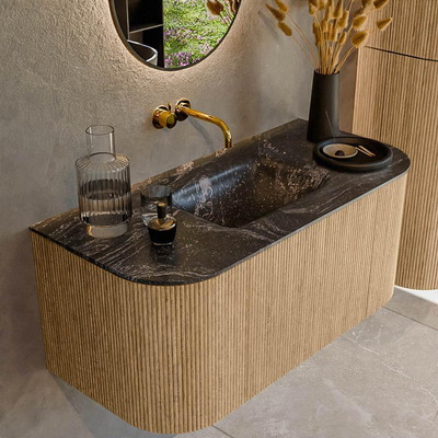 MONDIAZ KURVE-DLUX 100cm Meuble salle de bain avec module 25 G et D - couleur Oak - 1 tiroir - 2 portes - vasque GRUNNE centre - sans trou de robinet - couleur Lava