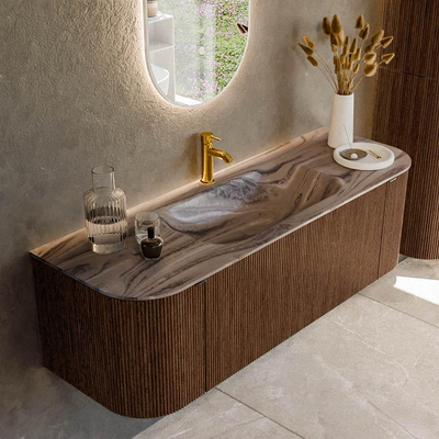 MONDIAZ KURVE-DLUX 140cm badmeubel ronding Links + Rechts kleur Walnut met 1 lade en 2 deuren. Wastafel BIG SMALL Midden 1 kraangat Sombra.