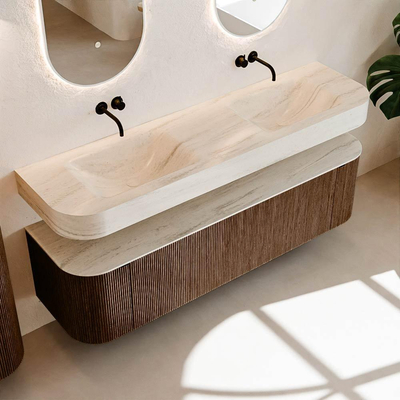 MONDIAZ THOR-DLUX Meuble de salle de bains 170cm arrondi gauche + droite couleur Walnut avec 1 tiroir et 2 portes. Vasque suspendue CLOUD Double sans trou de robinet couleur Meli.