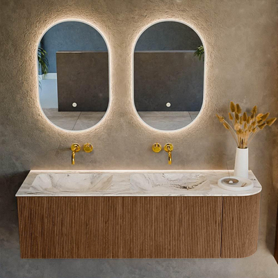 MONDIAZ KURVE-DLUX 145cm Meuble salle de bain avec module 25 D - couleur Walnut - 1 tiroir - 1 porte - vasque LEAF double / gauche - sans trou de robinet - couleur Glace