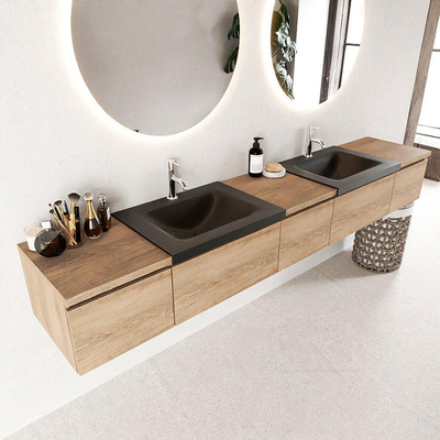 Mondiaz BUKLA badkamermeubelset 240x45x34cm 2 kraangaten 2 wasbakken solid surface Urban greeploos 5 lades met softclose Melamine Washed Oak