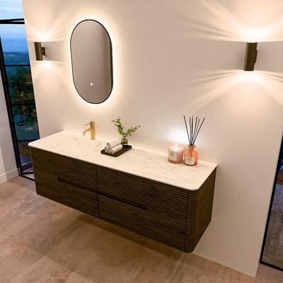 Mondiaz CIRO-DLUX Meuble de salle de bains - 160x45x50cm - Vasque en solid surface Opalo - 1 lavabo à gauche - 1 trou de robinet - 4 tiroirs - Shadow