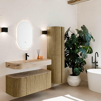 MONDIAZ THOR-DLUX 110cm meuble de salle de bains arrondi gauche + droite couleur Dusk avec 1 tiroir et 2 portes. Vasque suspendue CLOUD Milieu 1 trou de robinet couleur Arena.