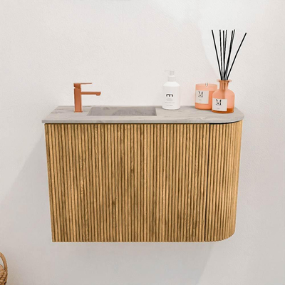 Mondiaz JOYA-DLUX 61.6cm toiletmeubel - ronding rechts kleur Oak - Wastafel FAYE positie Links 1 kraangat kleur Glace.