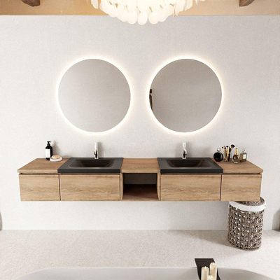 MONDIAZ BUKLA 240cm ensemble de meuble avec module ouvert 40 au milieu couleur Chêne blanchi avec 4 tiroirs. Lavabo CLOUD double 2 trous de robinet couleur Urbaine.