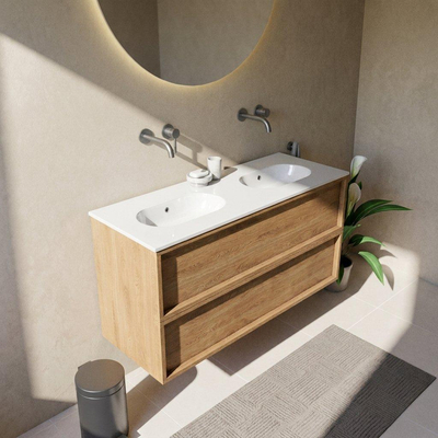 Saniclass Holz Frame Ensemble de meubles de salle de bains - 120x45x74cm - Chaci lavabo en céramique blanc - 2 vasques - sans trous de robinetterie - 2 tiroirs - chêne natural mat (bois)