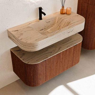 MONDIAZ THOR-DLUX 100cm meuble de salle de bains arrondi gauche + droite couleur Ruby avec 1 tiroir et 2 portes. Vasque suspendue CLOUD Milieu 1 trou de robinet couleur Arena.