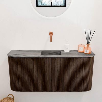 Mondiaz JOYA-DLUX 93.2cm meuble de salle de bains - arrondis gauche et droite couleur Walnut - Vasque FAYE position Milieu Sans trou de robinet couleur Sombra.