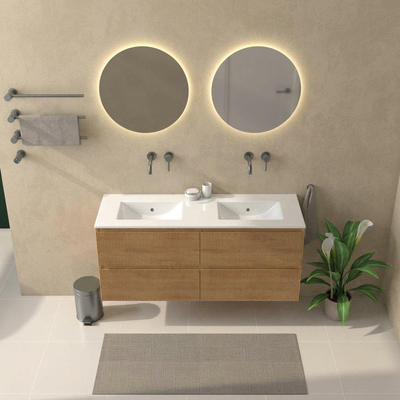 Saniclass Holz Atelier Ensemble de meubles de salle de bains - 140x45x62cm - lavabo Vygo en céramique blanc - 2 vasques - sans trous de robinet - 4 tiroirs - chêne natural brillant (bois)