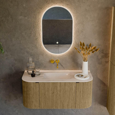MONDIAZ KURVE-DLUX Meuble de salle de bains 100cm arrondi gauche + droite couleur Dusk avec 1 tiroir et 2 portes. Lavabo GRUNNE central sans trou de robinet Meli.