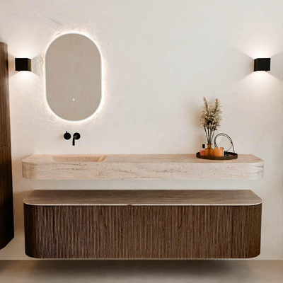 MONDIAZ THOR-DLUX Meuble de salle de bains - 180cm - arrondi gauche + droite - couleur Walnut - 2 tiroirs et 2 portes - Vasque suspendue CLOUD Gauche sans trou de robinet - couleur Saba