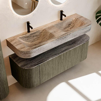 MONDIAZ THOR-DLUX 140cm meuble de salle de bains arrondi gauche + droite couleur Shadow avec 1 tiroir et 2 portes. Vasque suspendue CLOUD Double 2 trous de robinet couleur Oza.