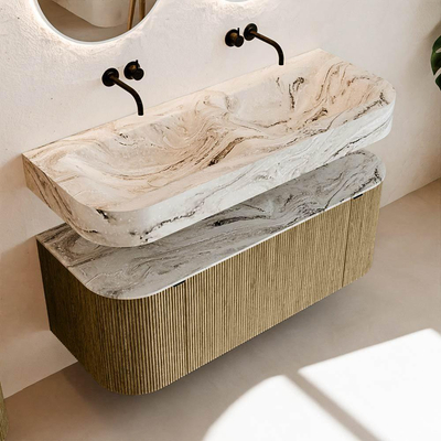 MONDIAZ THOR-DLUX 120cm meuble de salle de bains arrondi gauche + droite couleur Dusk avec 1 tiroir et 2 portes. Vasque suspendue CLOUD Double sans trou de robinet couleur Glace.