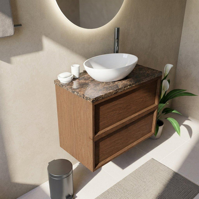 Saniclass Holz Frame Ensemble meuble de salle de bains - 80x45x63cm - Plan de travail en pierre naturelle Noche dark emperador - 1 trou de robinet - 2 tiroirs - walnut pure mat (bois)
