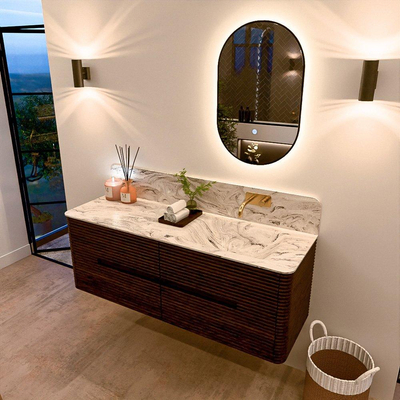 Mondiaz CIRO-DLUX Ensemble de meubles de salle de bains - 140x45x50cm - Plan vasque solid surface Glace - 1 lavabo à droite - sans trous de robinetterie - 4 tiroirs - Noyer