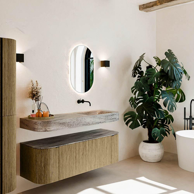 MONDIAZ THOR-DLUX 140cm meuble de salle de bains arrondi gauche + droite couleur Dusk avec 1 tiroir et 2 portes. Vasque suspendue CLOUD Droite sans trou de robinet couleur Oza.