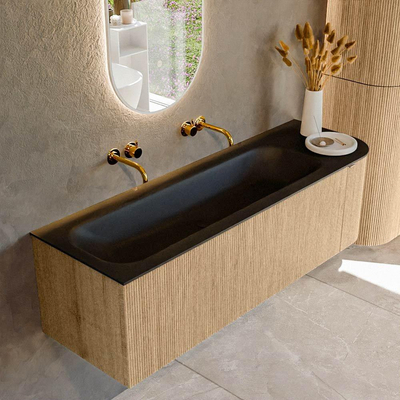 MONDIAZ KURVE 145cm badmeubel met module 25 R kleur Oak met 1 lade en 1 deur. Wastafel BIG LARGE links zonder kraangat Urban.